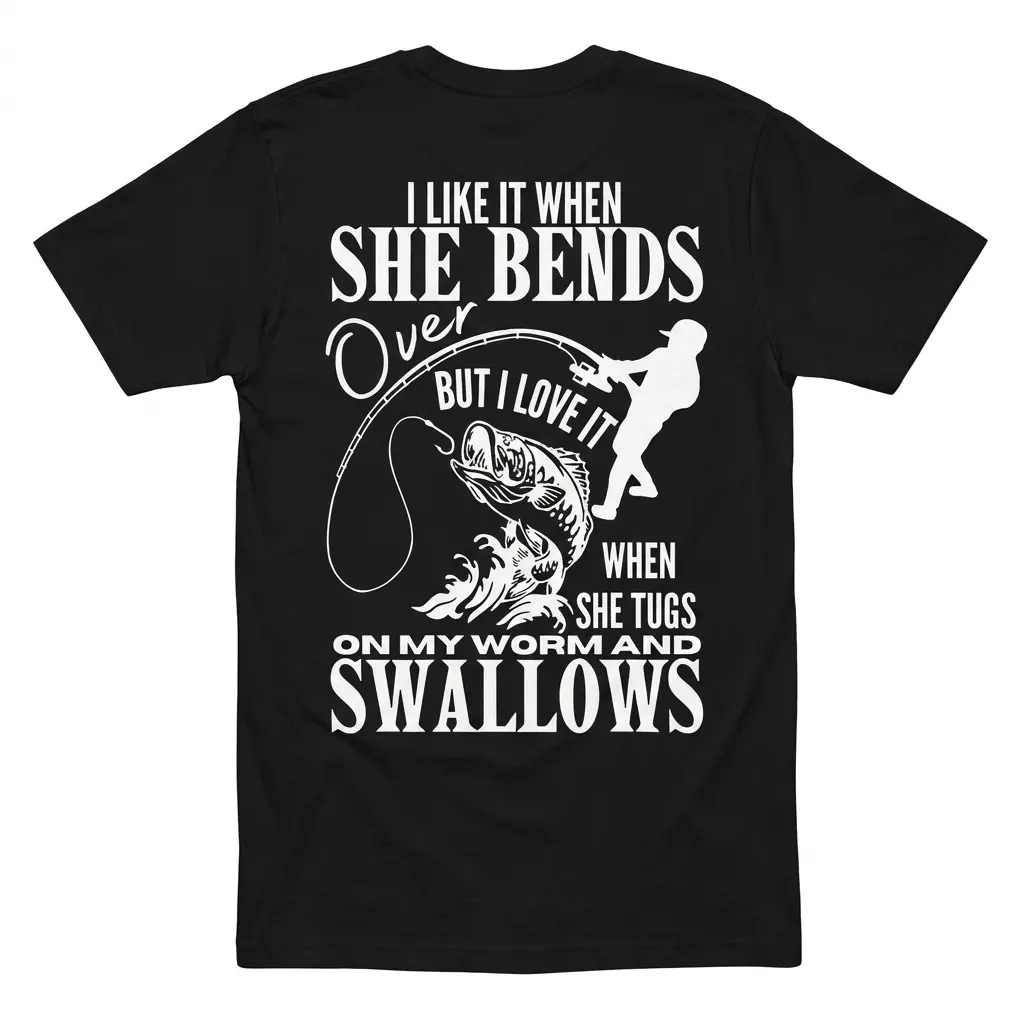 Flatlay black t-shirt featuring black tee back print reading I LIKE IT WHEN SHE BENDS OVER with an angler silhouette and jumping bass fish