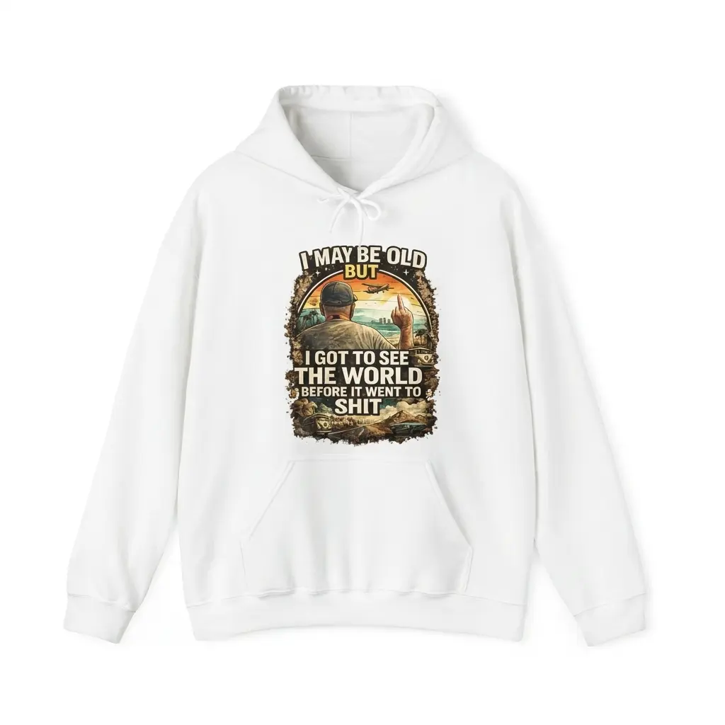 I May Be Old But I Got to See the World Funny Retro T-Shirt 2 Front flat lay of a hoodie featuring the vintage travel graphic with the text 'I May Be Old But I Got to See the World'.