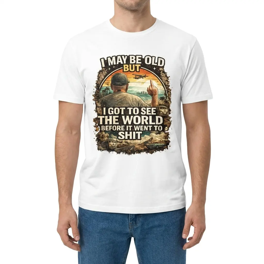 I May Be Old But I Got to See the World Funny Retro T-Shirt 4 A man wearing the white t-shirt featuring the funny retro travel graphic and 'I May Be Old But I Got to See the World' print.