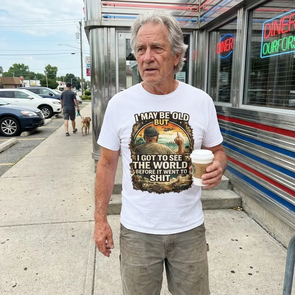 I May Be Old But I Got to See the World Funny Retro T-Shirt 6 Close-up lifestyle presentation of the graphic t-shirt highlighting the detailed vintage artwork and bold text.