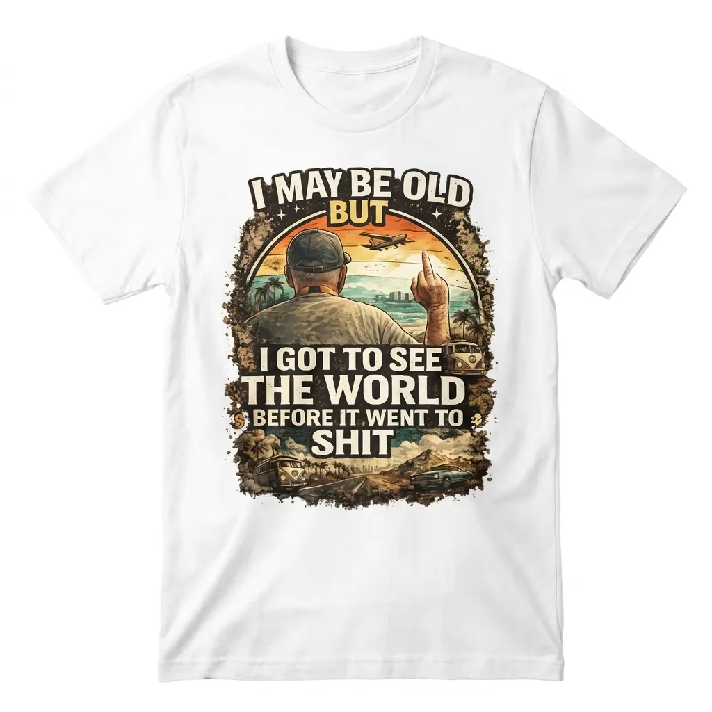 I May Be Old But I Got to See the World Funny Retro T-Shirt 1 White t-shirt flat lay featuring a retro graphic reading 'I May Be Old But I Got to See the World Before It Went to Shit'.