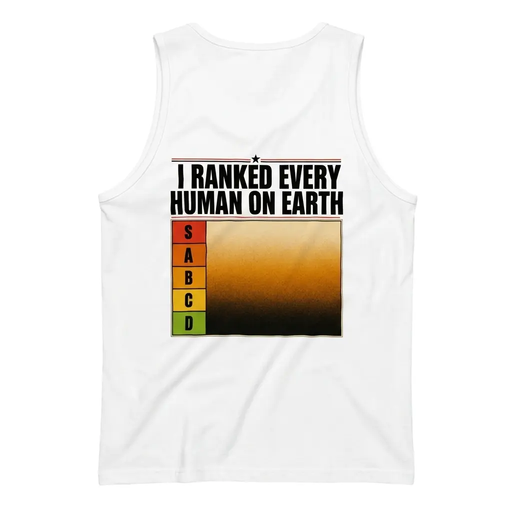 I Ranked Every Human On Earth Tier List Chart Back T-Shirt 3 Sleeveless casual tank top with white tee back print reading I RANKED EVERY HUMAN ON EARTH above an S through D tier list chart
