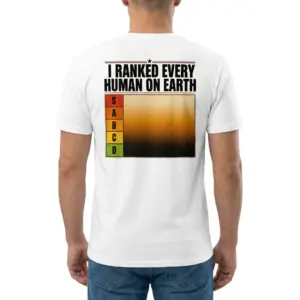I Ranked Every Human On Earth Tier List Chart Back T-Shirt 9 Man wearing white graphic tee with white tee back print reading I RANKED EVERY HUMAN ON EARTH above an S through D tier list chart