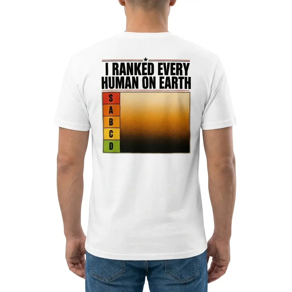 I Ranked Every Human On Earth Tier List Chart Back T-Shirt 4 Man wearing white graphic tee with white tee back print reading I RANKED EVERY HUMAN ON EARTH above an S through D tier list chart
