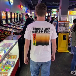 I Ranked Every Human On Earth Tier List Chart Back T-Shirt 10 Everyday streetwear outfit styling white shirt with white tee back print reading I RANKED EVERY HUMAN ON EARTH above an S through D tier list chart