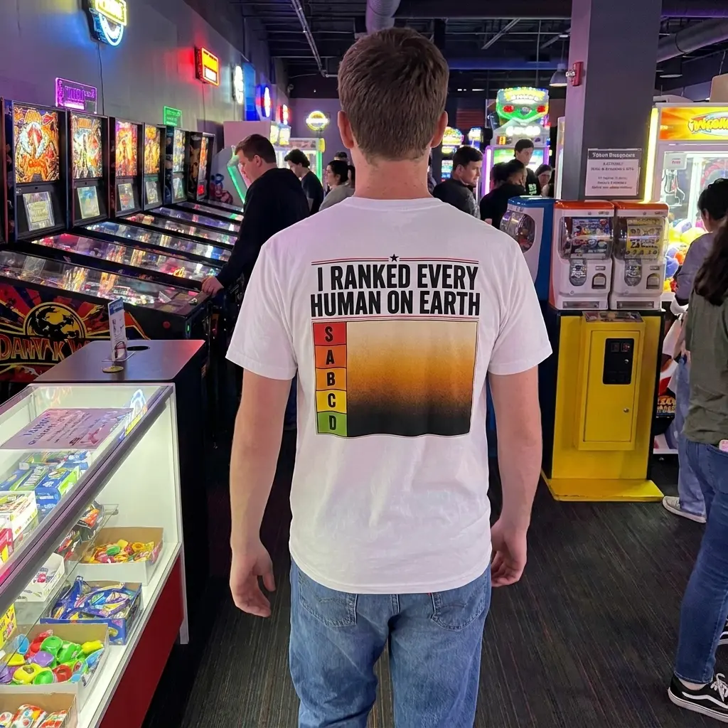 I Ranked Every Human On Earth Tier List Chart Back T-Shirt 5 Everyday streetwear outfit styling white shirt with white tee back print reading I RANKED EVERY HUMAN ON EARTH above an S through D tier list chart