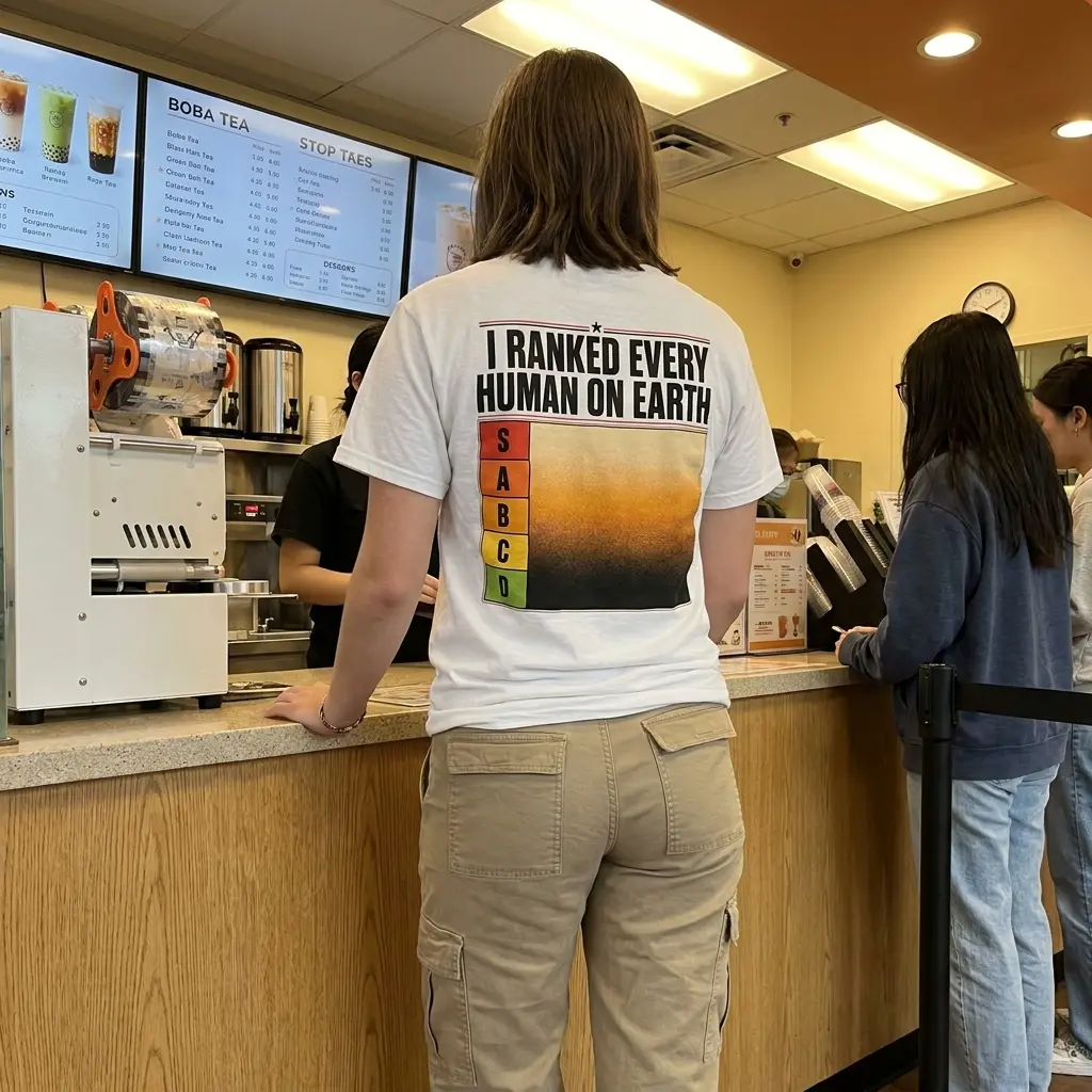 I Ranked Every Human On Earth Tier List Chart Back T-Shirt 6 Close-up casual look showcasing white tee and white tee back print reading I RANKED EVERY HUMAN ON EARTH above an S through D tier list chart