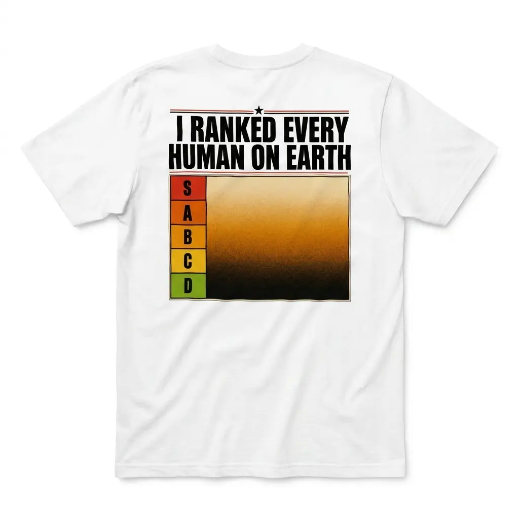 I Ranked Every Human On Earth Tier List Chart Back T-Shirt 1 Flatlay white t-shirt featuring white tee back print reading I RANKED EVERY HUMAN ON EARTH above an S through D tier list chart