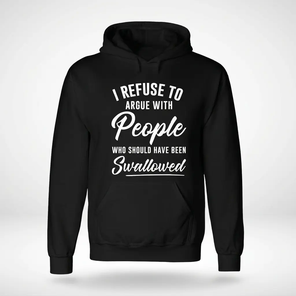 I Refuse to Argue with People Funny Sarcastic T-Shirt 2 Front flat lay of a hoodie featuring I Refuse to Argue with People Who Should Have Been Swallowed printed on the chest.