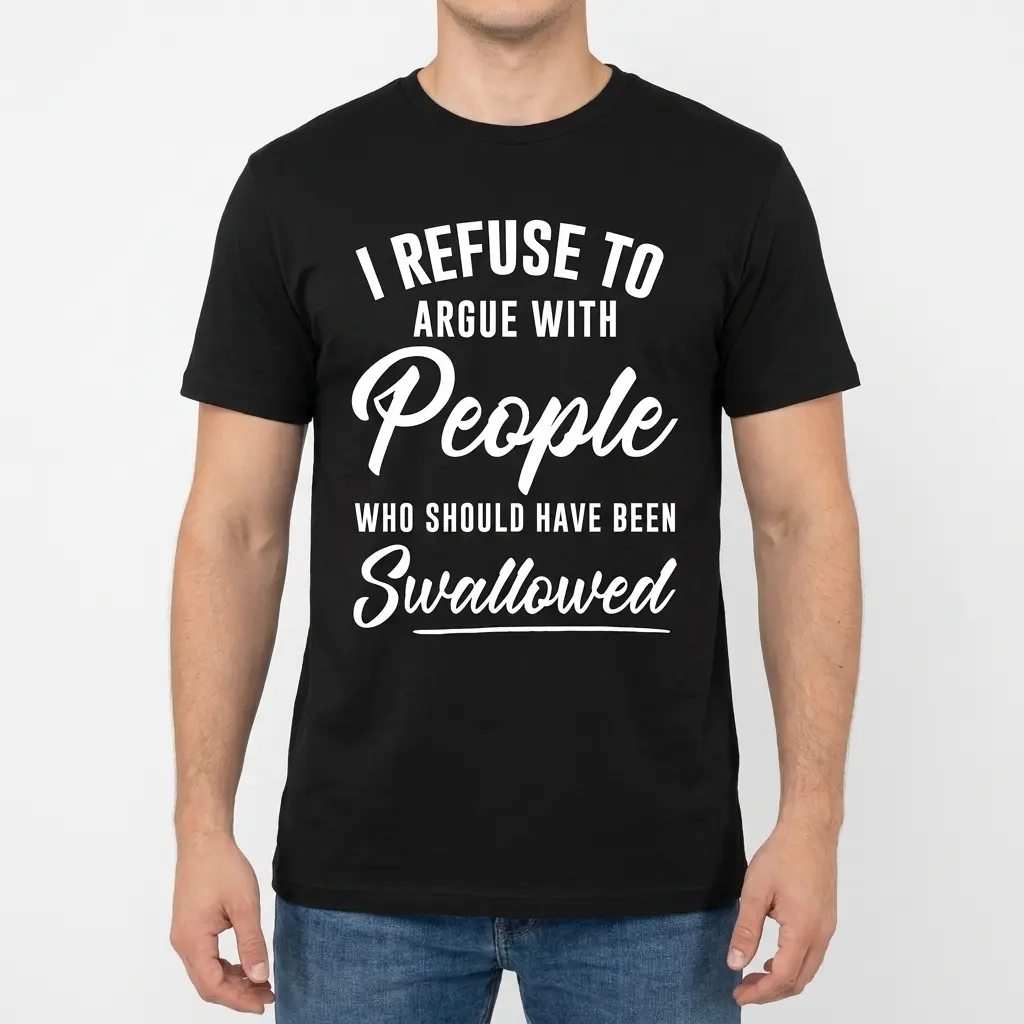 I Refuse to Argue with People Funny Sarcastic T-Shirt 4 Male model wearing the black I Refuse to Argue with People Who Should Have Been Swallowed graphic t-shirt, front view.