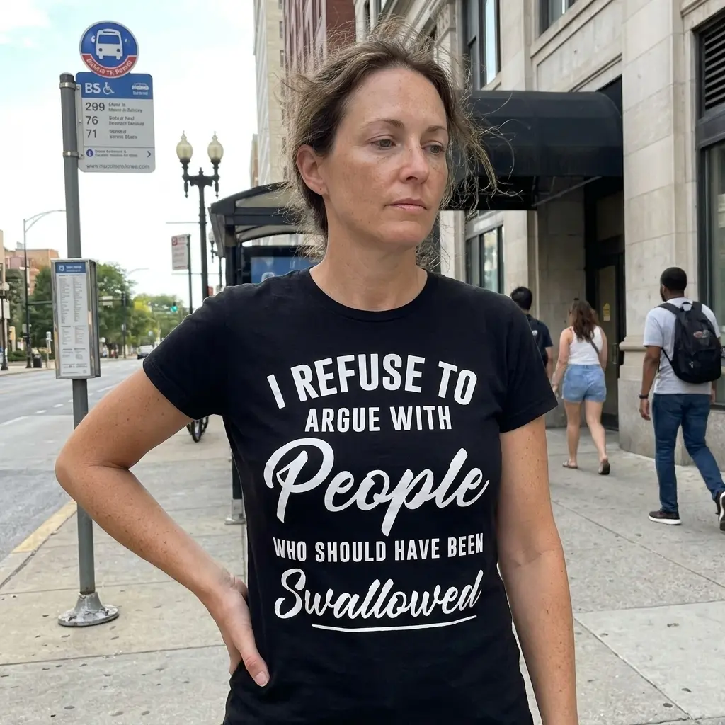 I Refuse to Argue with People Funny Sarcastic T-Shirt 6 Lifestyle view showcasing the funny I Refuse to Argue with People Who Should Have Been Swallowed shirt.