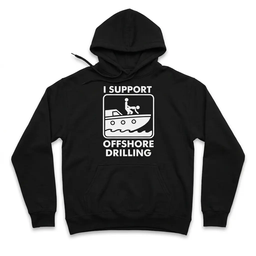 Front flat lay of a hoodie printed with the funny I Support Offshore Drilling boat pictogram design.