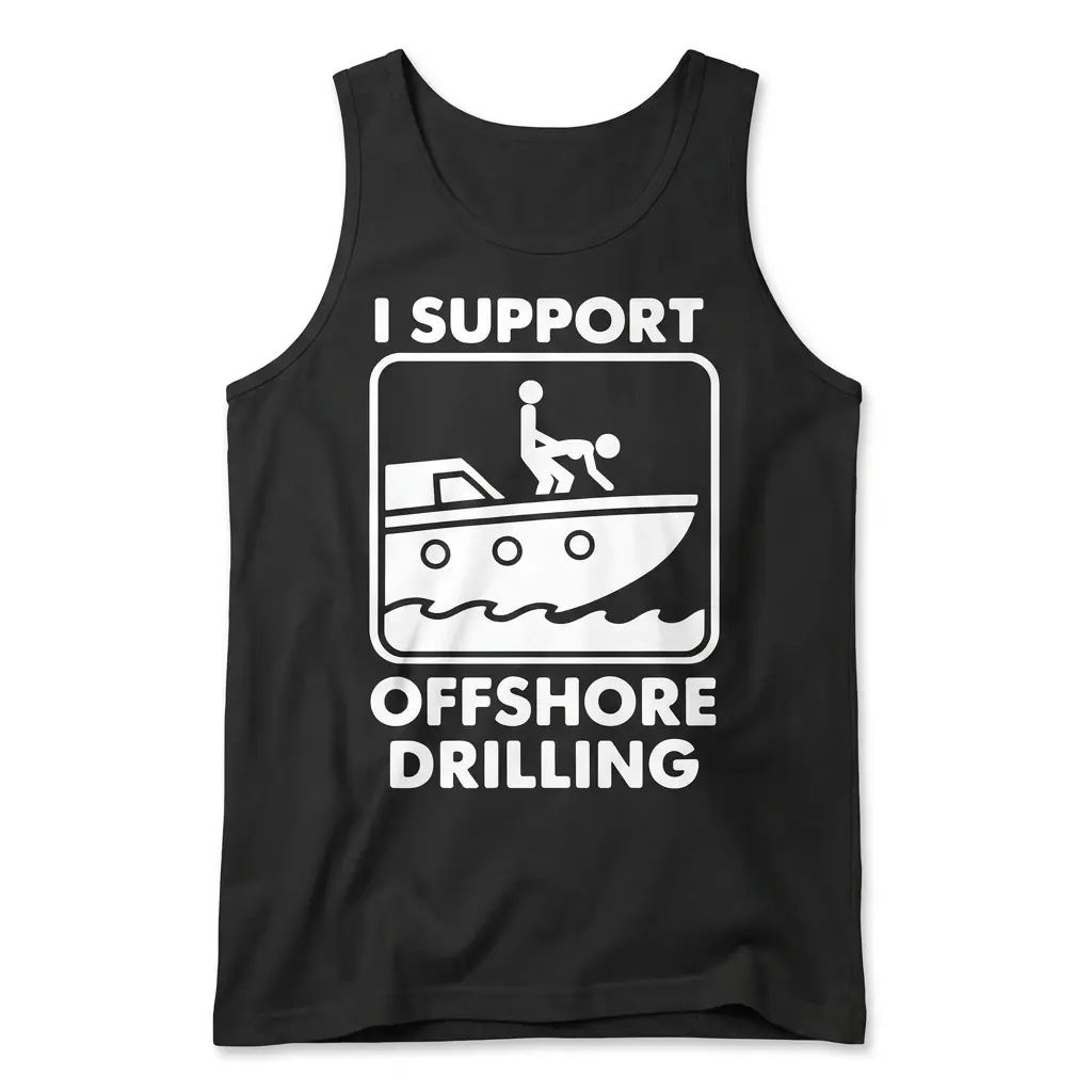 Flat lay display of a tank top featuring the white I Support Offshore Drilling boat graphic on the chest.