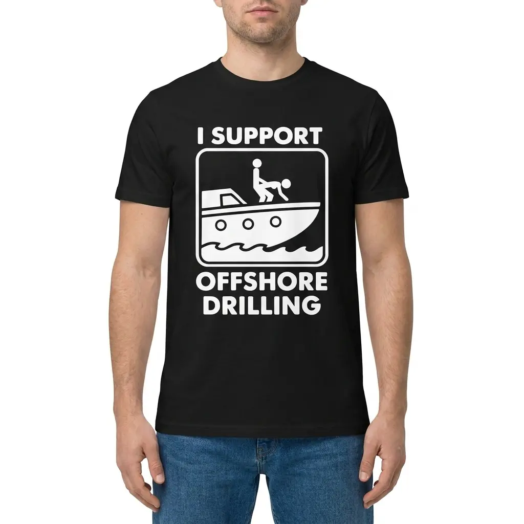 Front view of a man wearing the black I Support Offshore Drilling funny graphic tee.