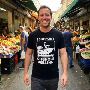 I Support Offshore Drilling Funny T-Shirt 10 Lifestyle shot of the I Support Offshore Drilling graphic shirt worn in a casual setting.