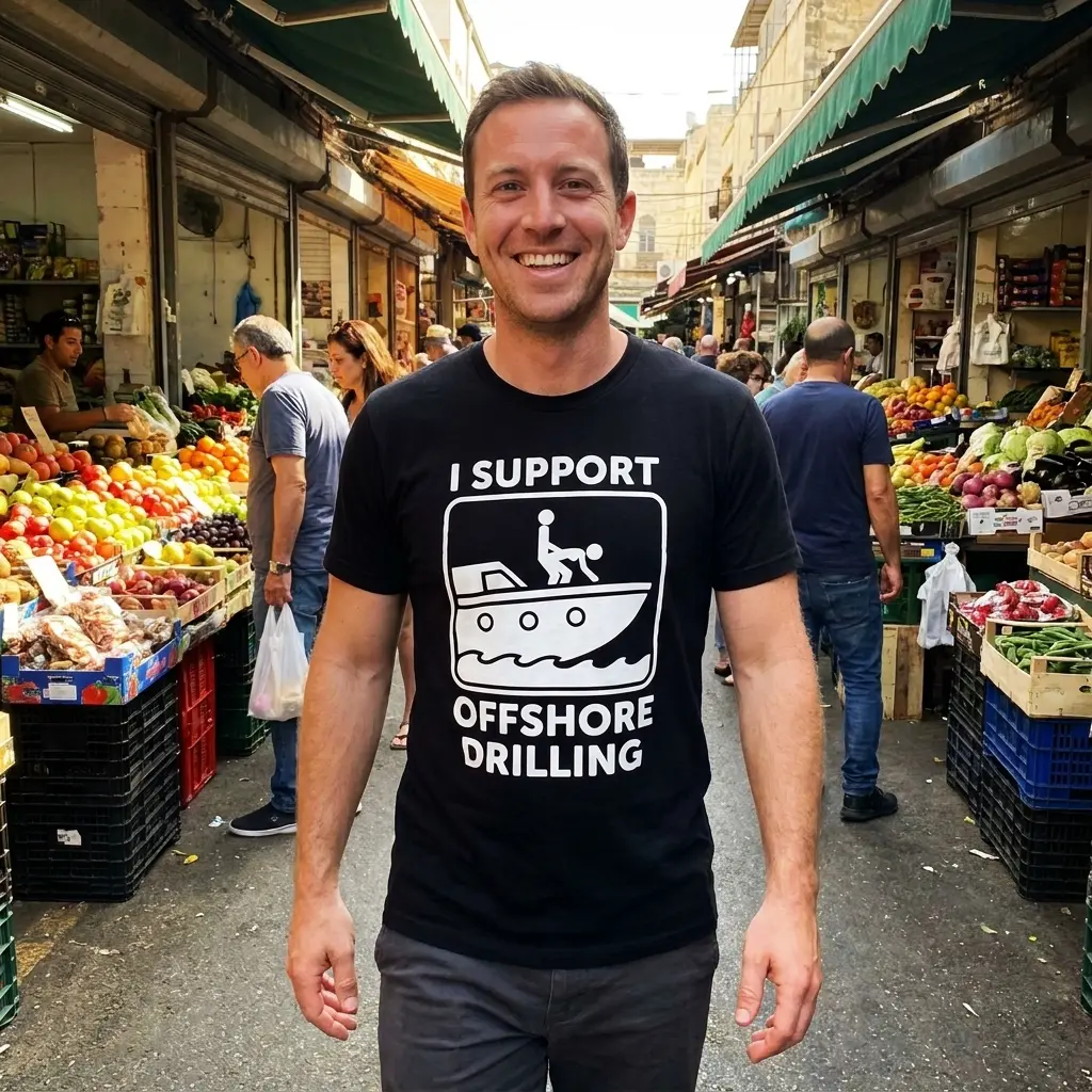 Lifestyle shot of the I Support Offshore Drilling graphic shirt worn in a casual setting.