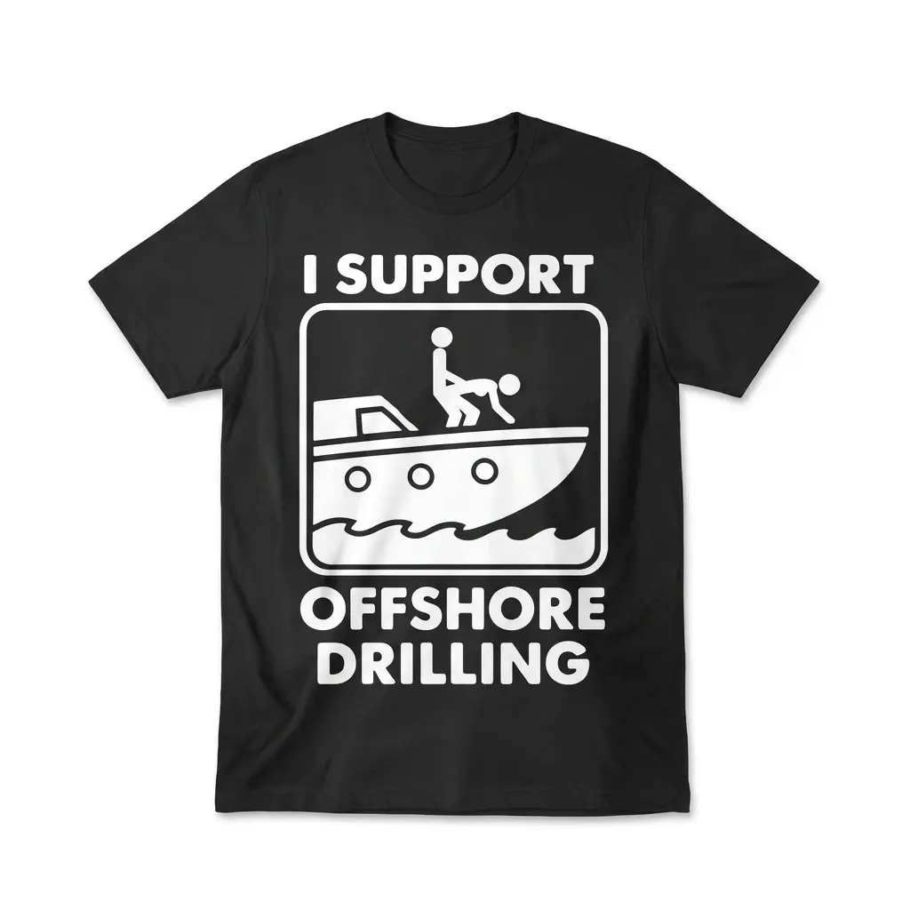 Flat lay front view of a black t-shirt featuring the humorous I Support Offshore Drilling graphic with stick figures on a boat.