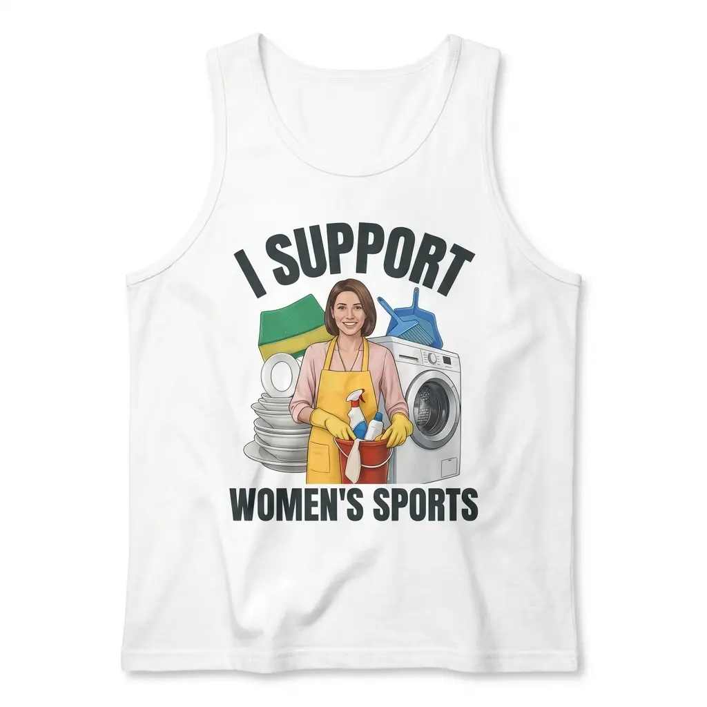 Tank top front flatlay with I Support Women's Sports cleaning satire artwork
