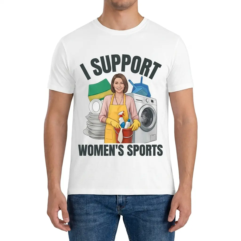 Man modeling the front of a shirt with the I Support Women's Sports housework graphic