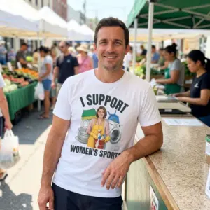 I Support Womens Sports Funny Housework Satire T-Shirt 11 Lifestyle image featuring the I Support Women's Sports satire graphic on apparel