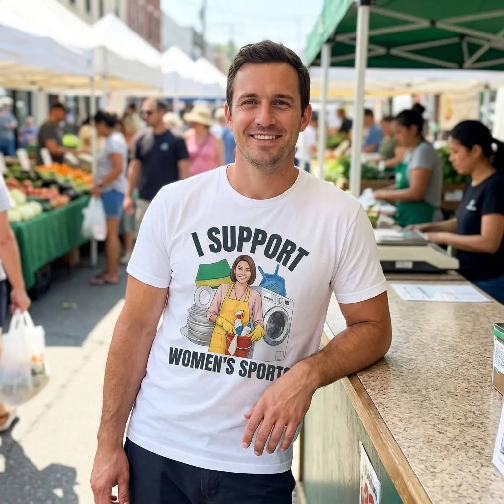 Lifestyle image featuring the I Support Women's Sports satire graphic on apparel