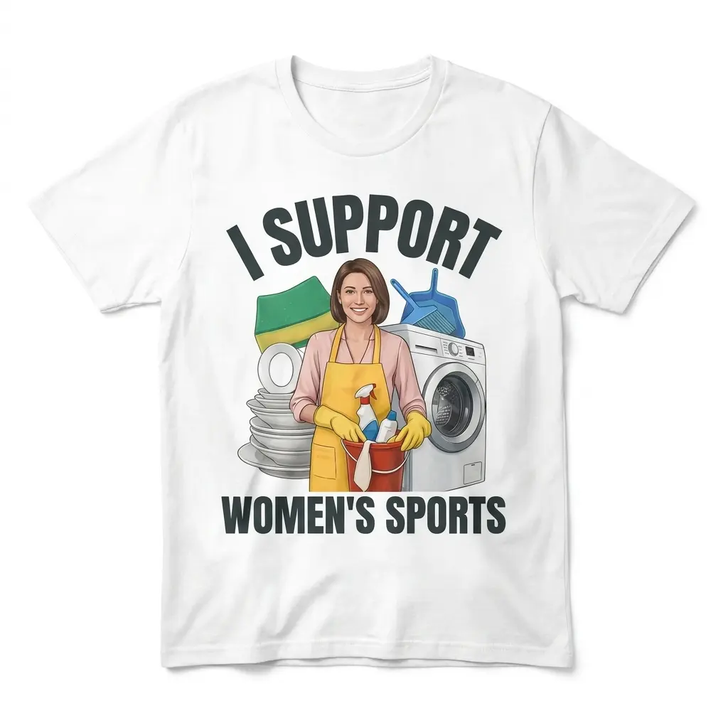White T-shirt front flatlay with I Support Women's Sports housework satire graphic