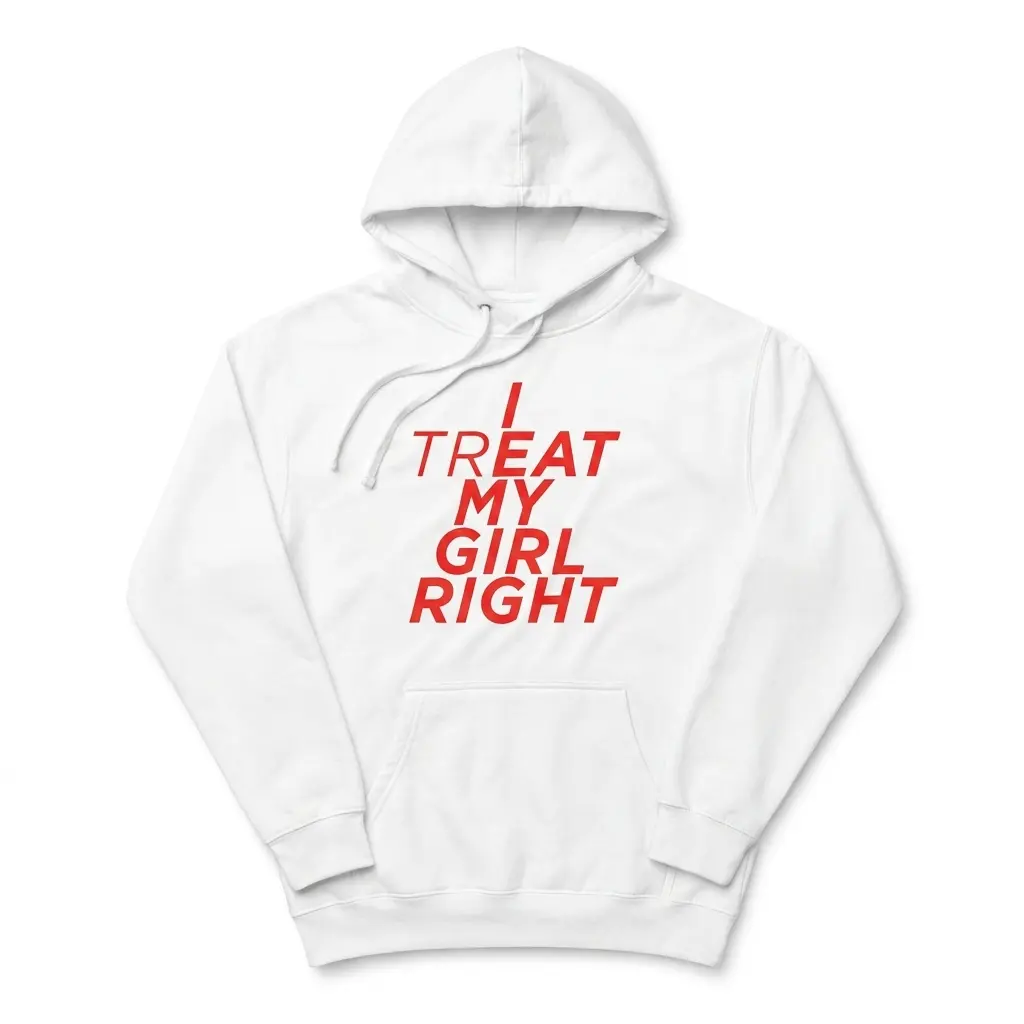 I Treat My Girl Right Hidden Message Bold Red Text T-Shirt 2 Cozy pullover hoodie displaying white tee front print reading I TREAT MY GIRL RIGHT in red italic letters with bold highlighted characters
