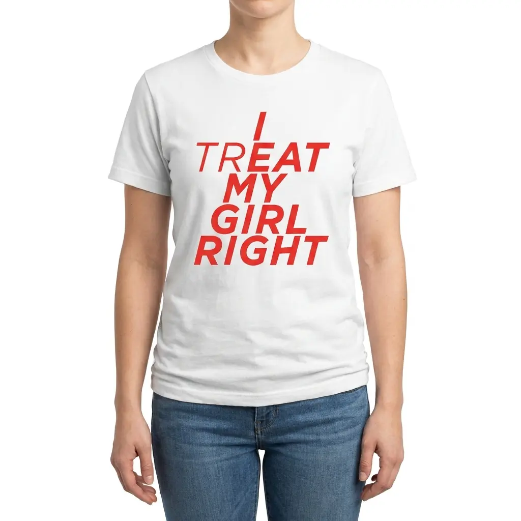 I Treat My Girl Right Hidden Message Bold Red Text T-Shirt 4 Woman wearing white cotton tee with white tee front print reading I TREAT MY GIRL RIGHT in red italic letters with bold highlighted characters