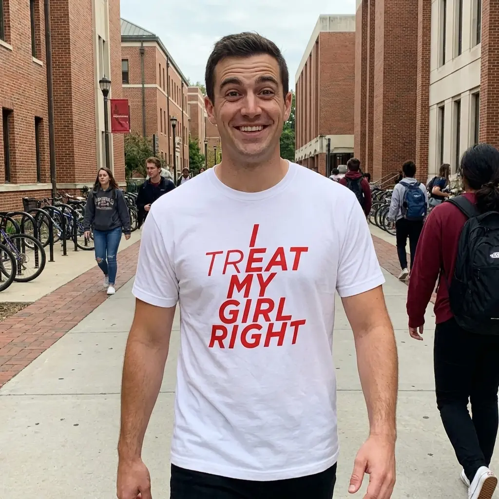 I Treat My Girl Right Hidden Message Bold Red Text T-Shirt 5 Everyday streetwear outfit styling white shirt with white tee front print reading I TREAT MY GIRL RIGHT in red italic letters with bold highlighted characters