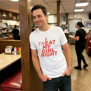 I Treat My Girl Right Hidden Message Bold Red Text T-Shirt 11 Close-up casual look showcasing white tee and white tee front print reading I TREAT MY GIRL RIGHT in red italic letters with bold highlighted characters