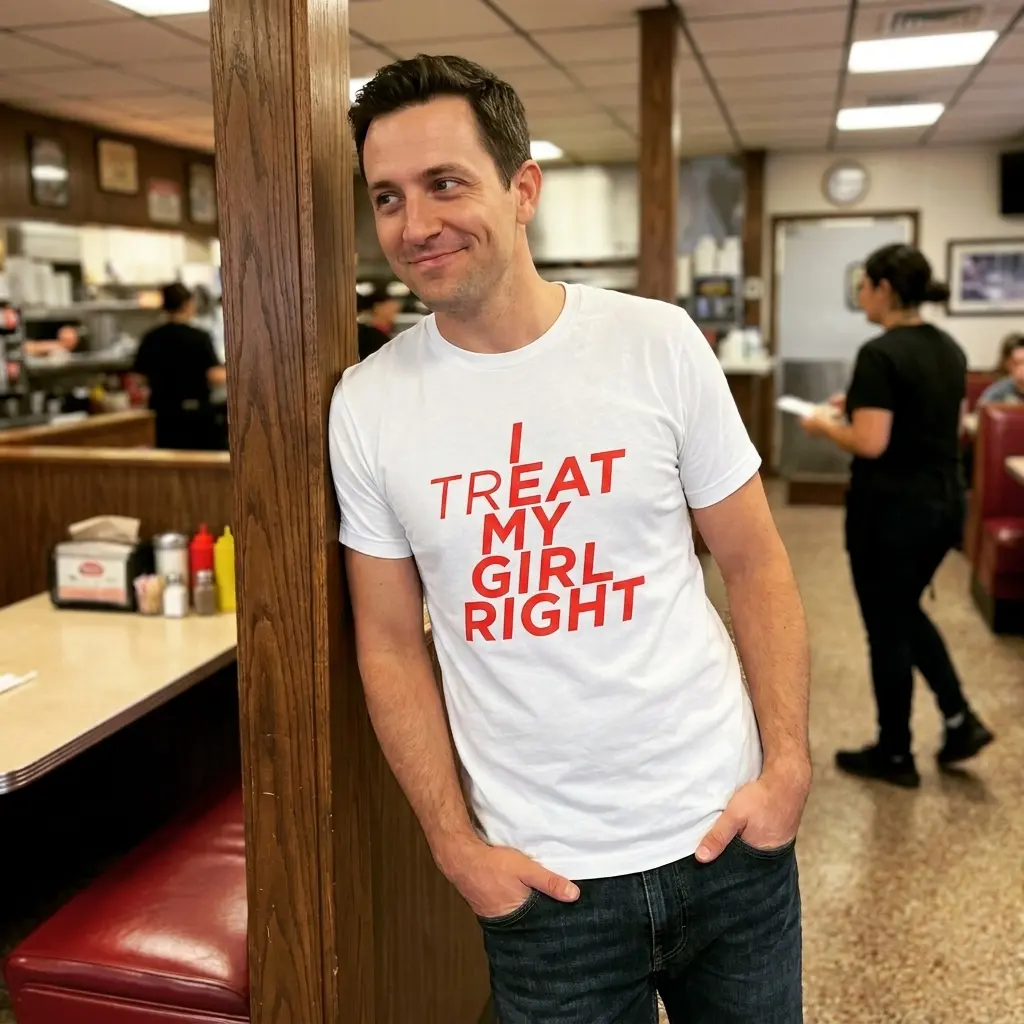I Treat My Girl Right Hidden Message Bold Red Text T-Shirt 6 Close-up casual look showcasing white tee and white tee front print reading I TREAT MY GIRL RIGHT in red italic letters with bold highlighted characters