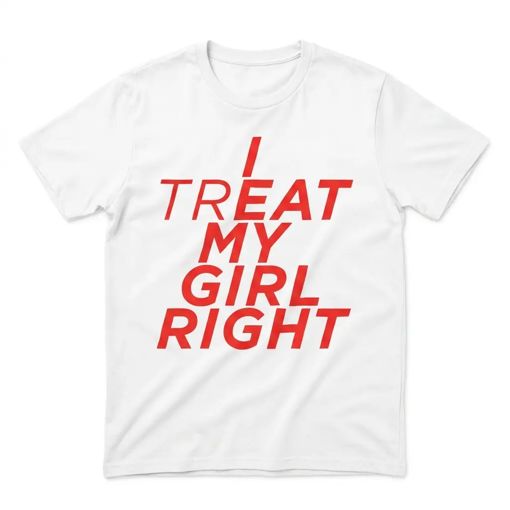 I Treat My Girl Right Hidden Message Bold Red Text T-Shirt 1 Flatlay white t-shirt featuring white tee front print reading I TREAT MY GIRL RIGHT in red italic letters with bold highlighted characters