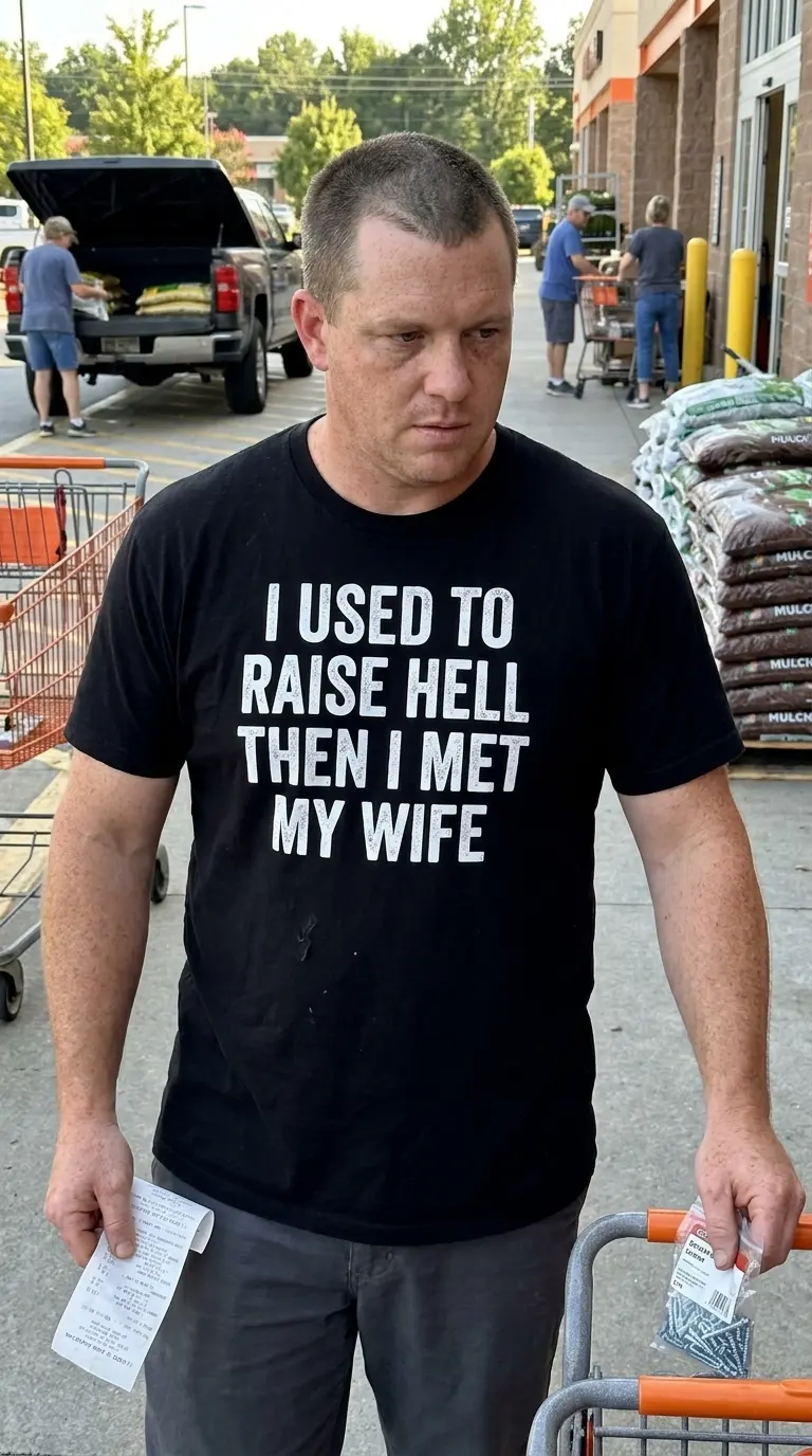 Lifestyle shot displaying the funny husband shirt reading "I Used to Raise Hell Then I Met My Wife".