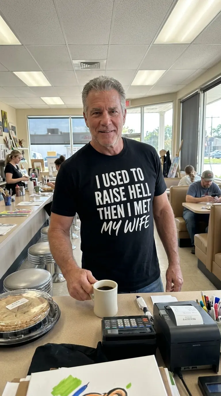 Another lifestyle perspective highlighting the typography of the "I Used to Raise Hell" shirt design.