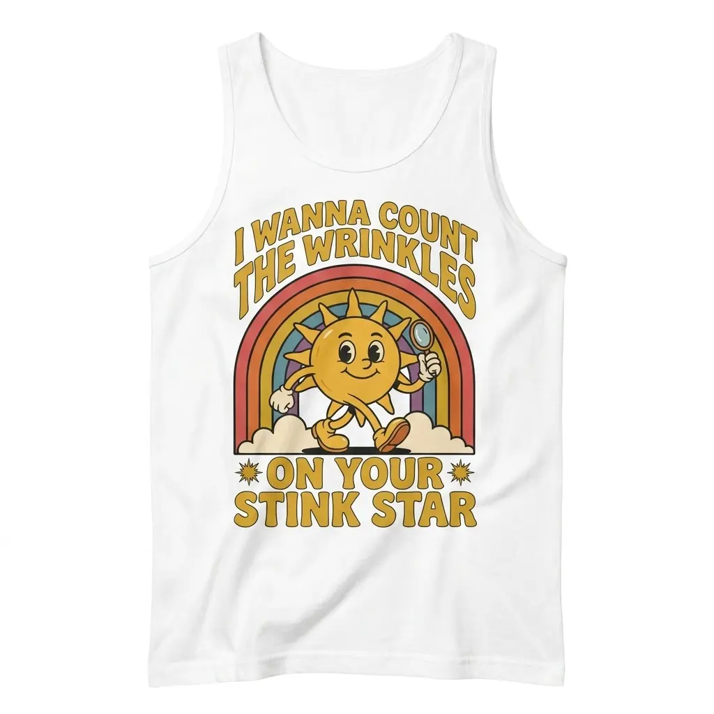 Flat lay view of a tank top with the retro sun character and rainbow design reading I Wanna Count The Wrinkles On Your Stink Star.