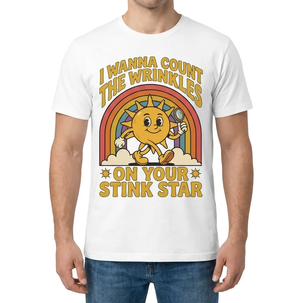 Front view of a male model wearing the I Wanna Count The Wrinkles On Your Stink Star shirt with retro sun and rainbow illustration.