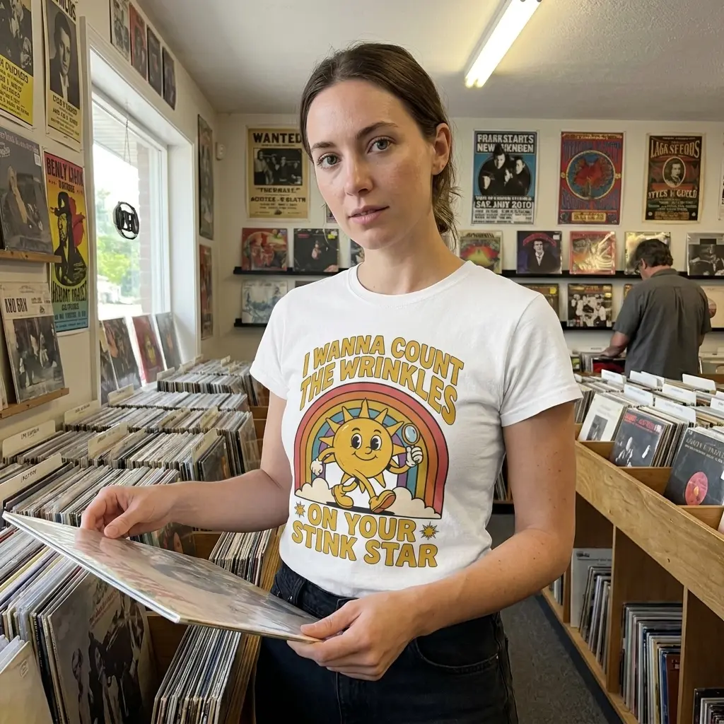Lifestyle display showing the funny retro sun graphic shirt with text I Wanna Count The Wrinkles On Your Stink Star.