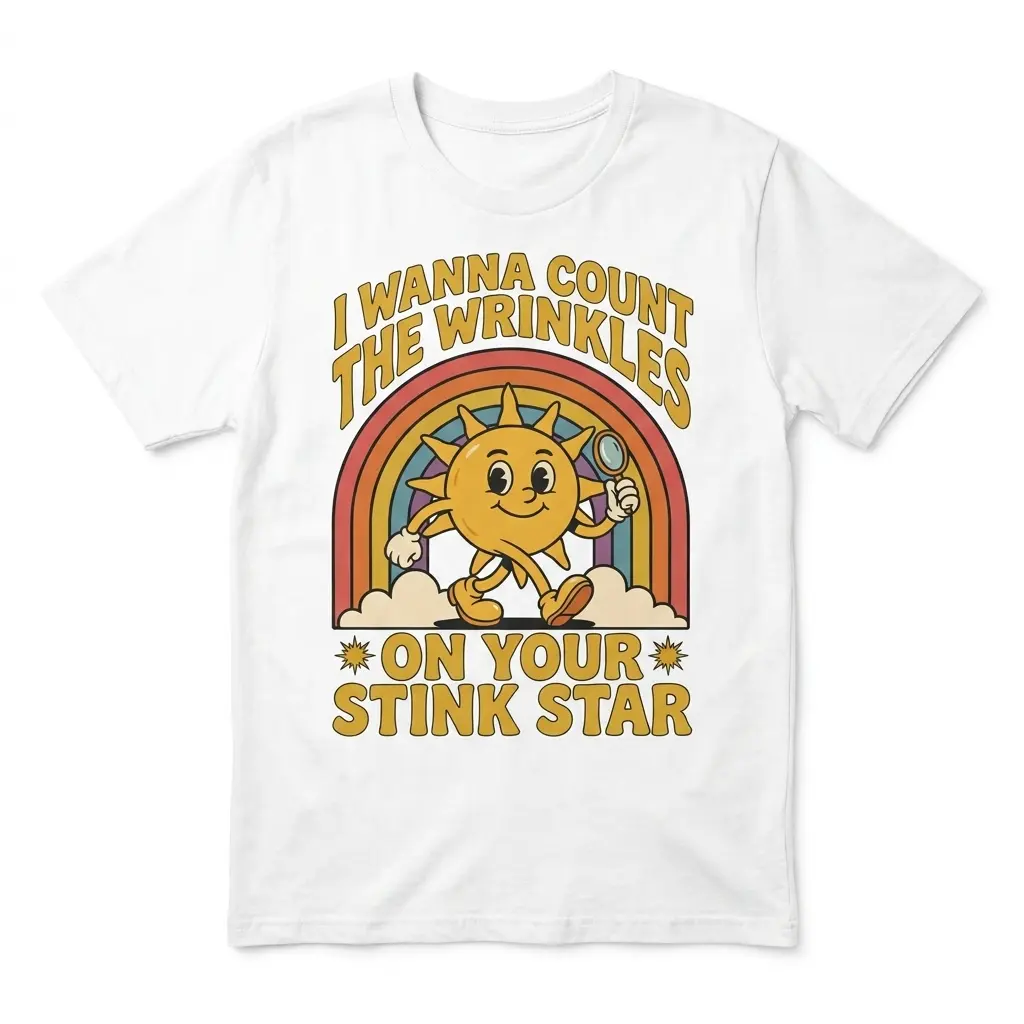 Flat lay of a white t-shirt featuring retro cartoon sun holding a magnifying glass by a rainbow with text I Wanna Count The Wrinkles On Your Stink Star.