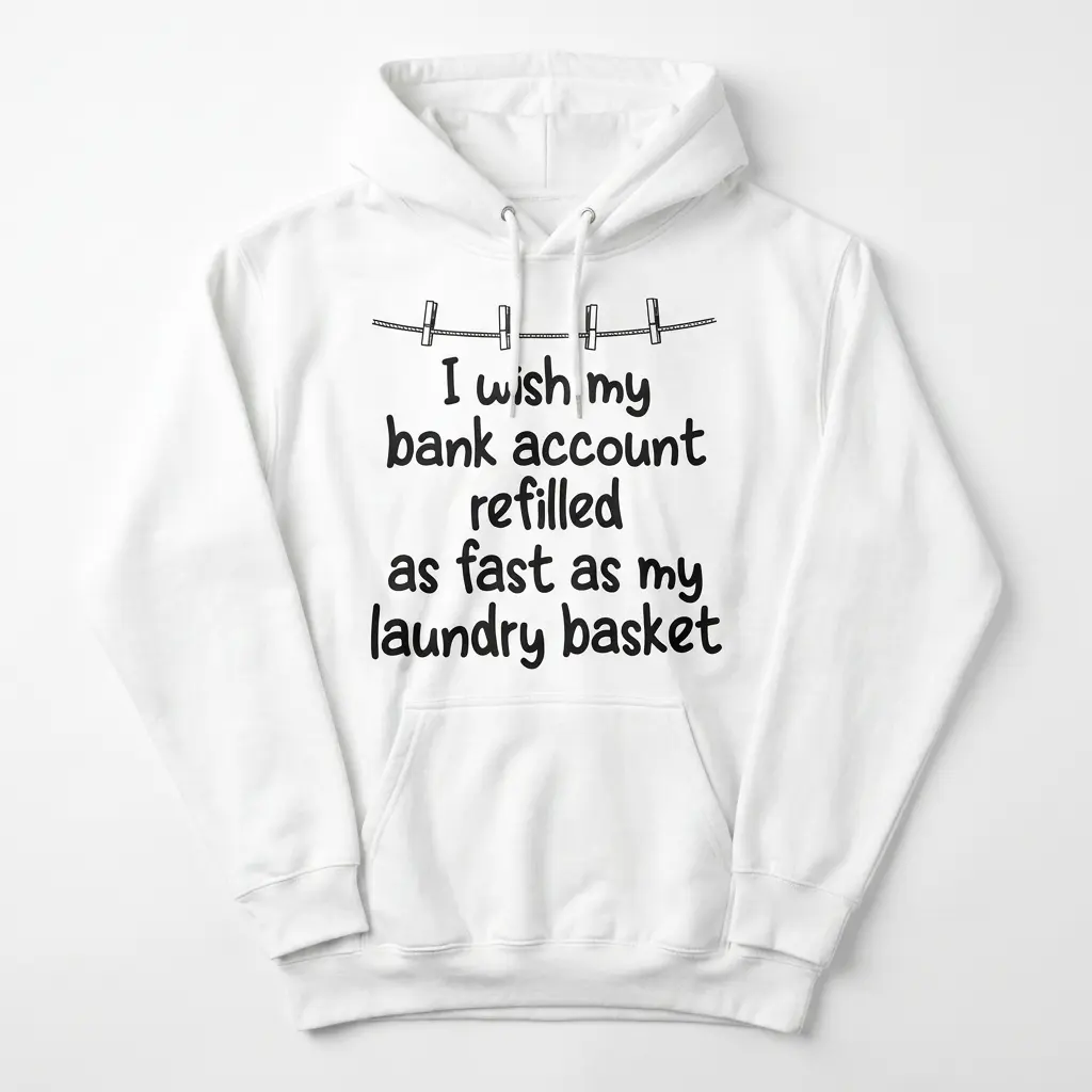 Front flat lay of a hoodie printed with the funny bank account and laundry basket quote under a clothesline illustration.
