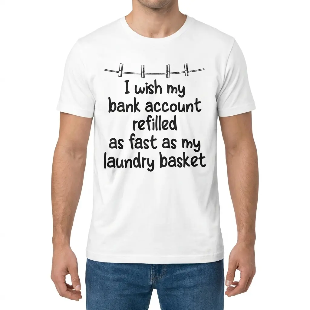 Front view of a man wearing the bank account and laundry basket t-shirt.