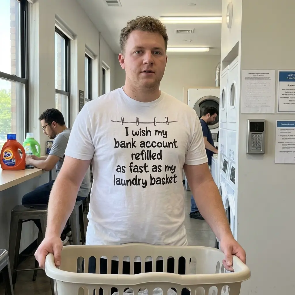 Casual lifestyle view featuring the humorous laundry-themed graphic tee.
