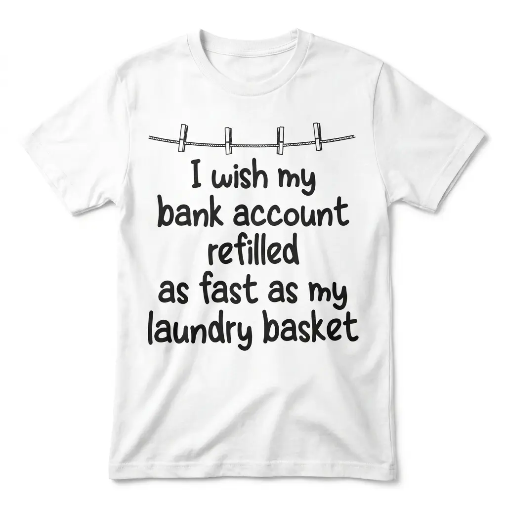 Front flat lay of a white t-shirt featuring clothesline graphic and text: I wish my bank account refilled as fast as my laundry basket.