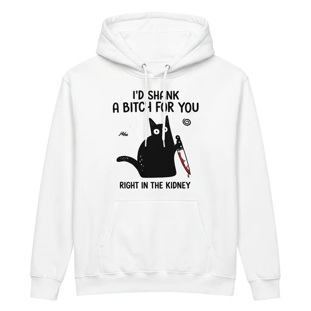 Id Shank a Bitch for You Funny Black Cat T-Shirt 2 Front flat lay of a hoodie featuring a quirky black cat holding a knife with text I'd Shank a Bitch for You Right in the Kidney.