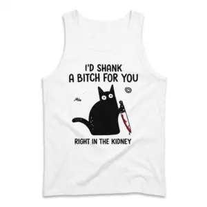 Id Shank a Bitch for You Funny Black Cat T-Shirt 8 Flat lay front view of a tank top displaying the funny black cat with a knife graphic and I'd Shank a Bitch for You text.