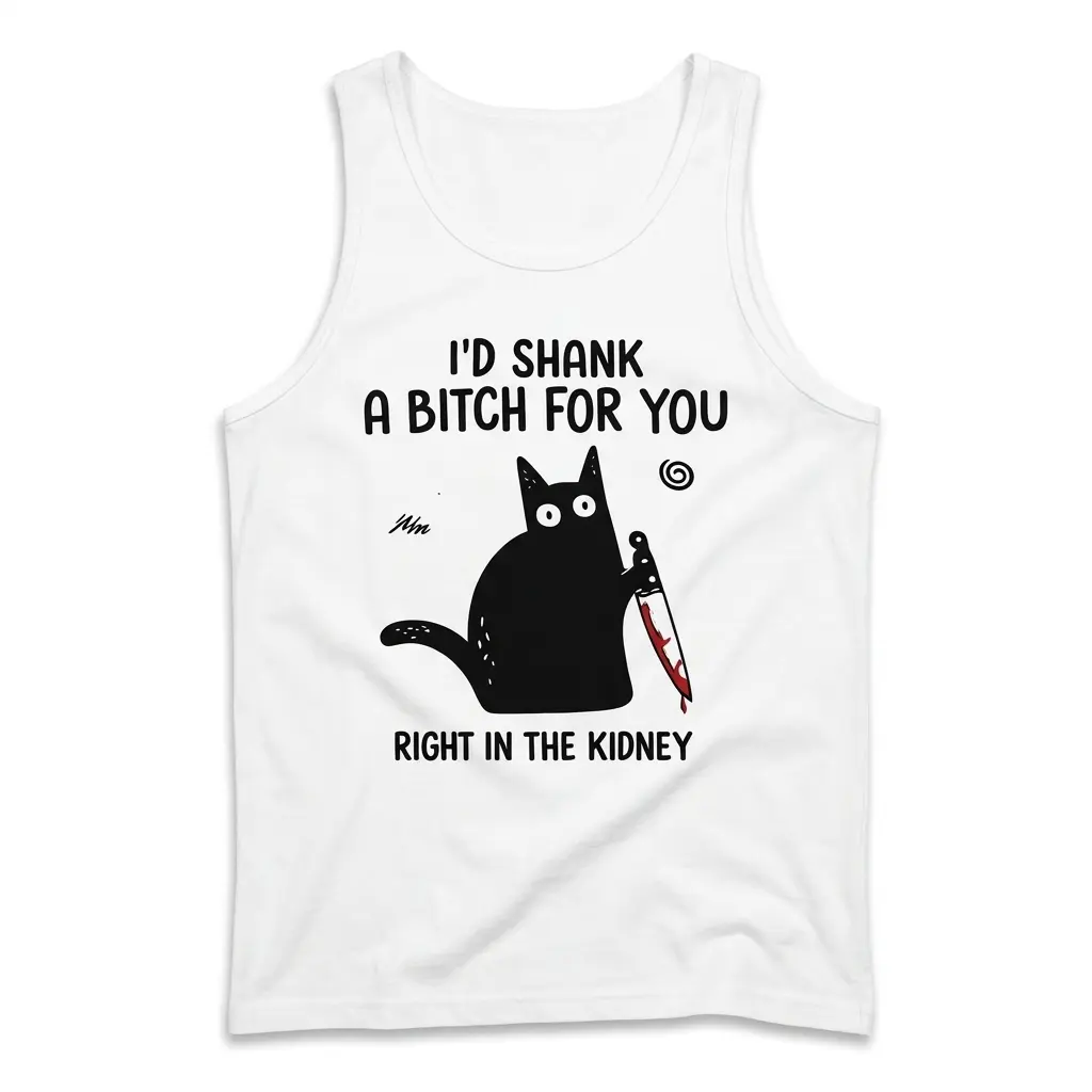Id Shank a Bitch for You Funny Black Cat T-Shirt 3 Flat lay front view of a tank top displaying the funny black cat with a knife graphic and I'd Shank a Bitch for You text.