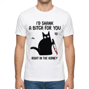 Id Shank a Bitch for You Funny Black Cat T-Shirt 9 Front view of a man wearing the white t-shirt with the funny I'd Shank a Bitch for You black cat holding a knife graphic.