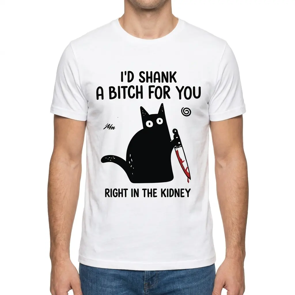Id Shank a Bitch for You Funny Black Cat T-Shirt 4 Front view of a man wearing the white t-shirt with the funny I'd Shank a Bitch for You black cat holding a knife graphic.