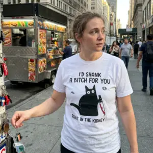Id Shank a Bitch for You Funny Black Cat T-Shirt 10 Lifestyle presentation of the I'd Shank a Bitch for You shirt featuring a humorous black cat holding a knife.