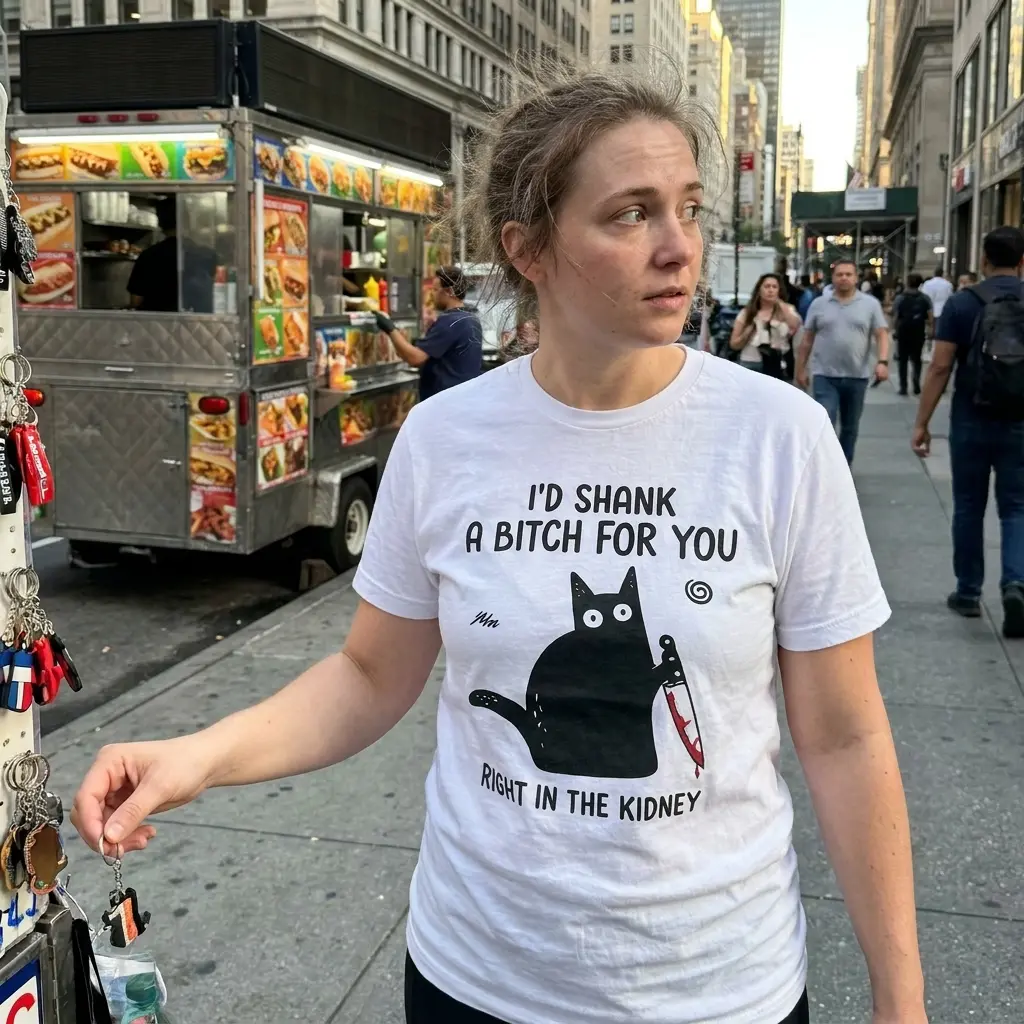 Id Shank a Bitch for You Funny Black Cat T-Shirt 5 Lifestyle presentation of the I'd Shank a Bitch for You shirt featuring a humorous black cat holding a knife.