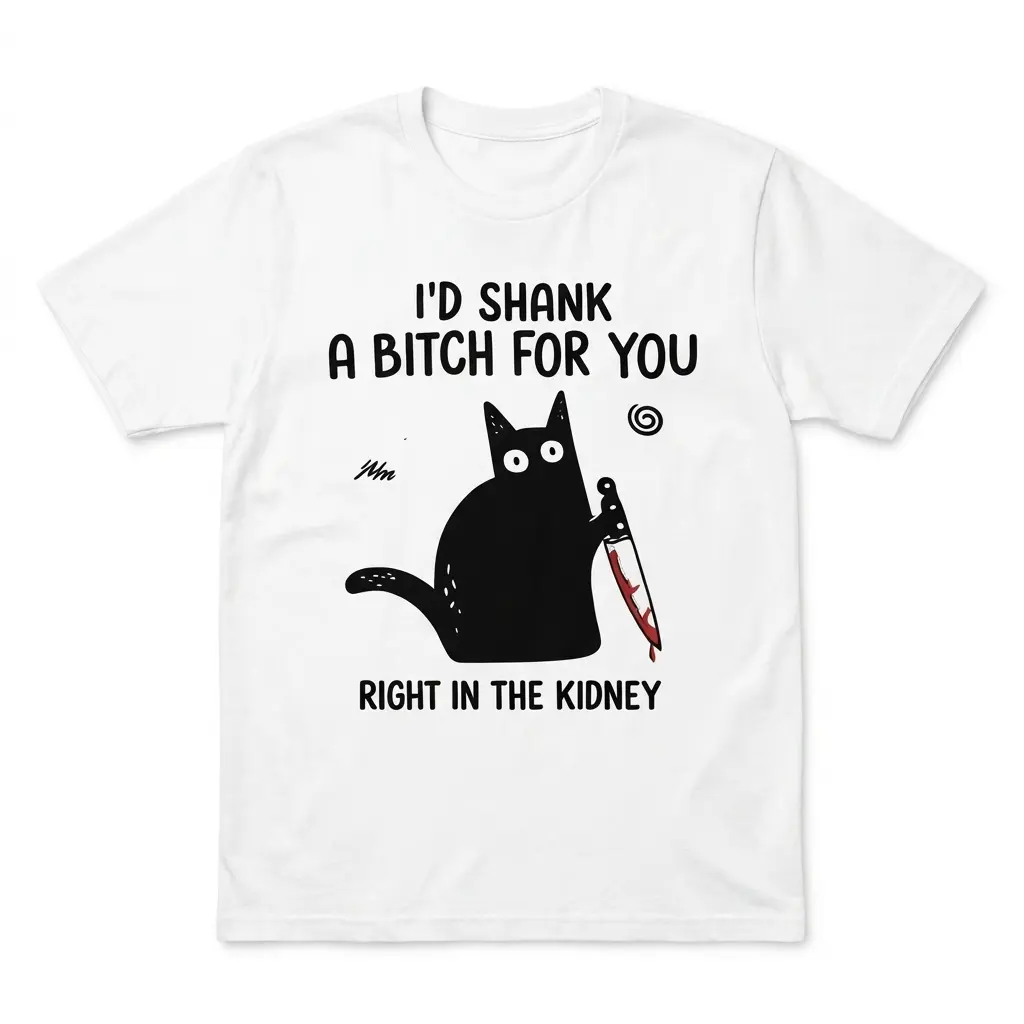 Id Shank a Bitch for You Funny Black Cat T-Shirt 1 Flat lay of a white t-shirt printed with a cartoon black cat holding a knife and text reading I'd Shank a Bitch for You Right in the Kidney.